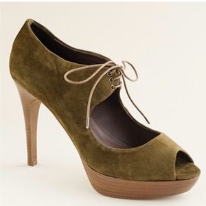 J. Crew Pilar Forest Green Italian Suede Lace-Up Peep Toe Platform Heels Sz 8.5